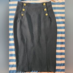 Navy Double Button Pencil Skirt with Gold Buttons